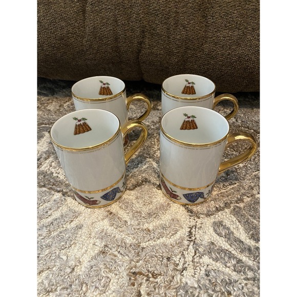 Set Department 56 Dickens Village Christmas Coffee Mugs Tea VTG Gold Trim Japan - Picture 2 of 5